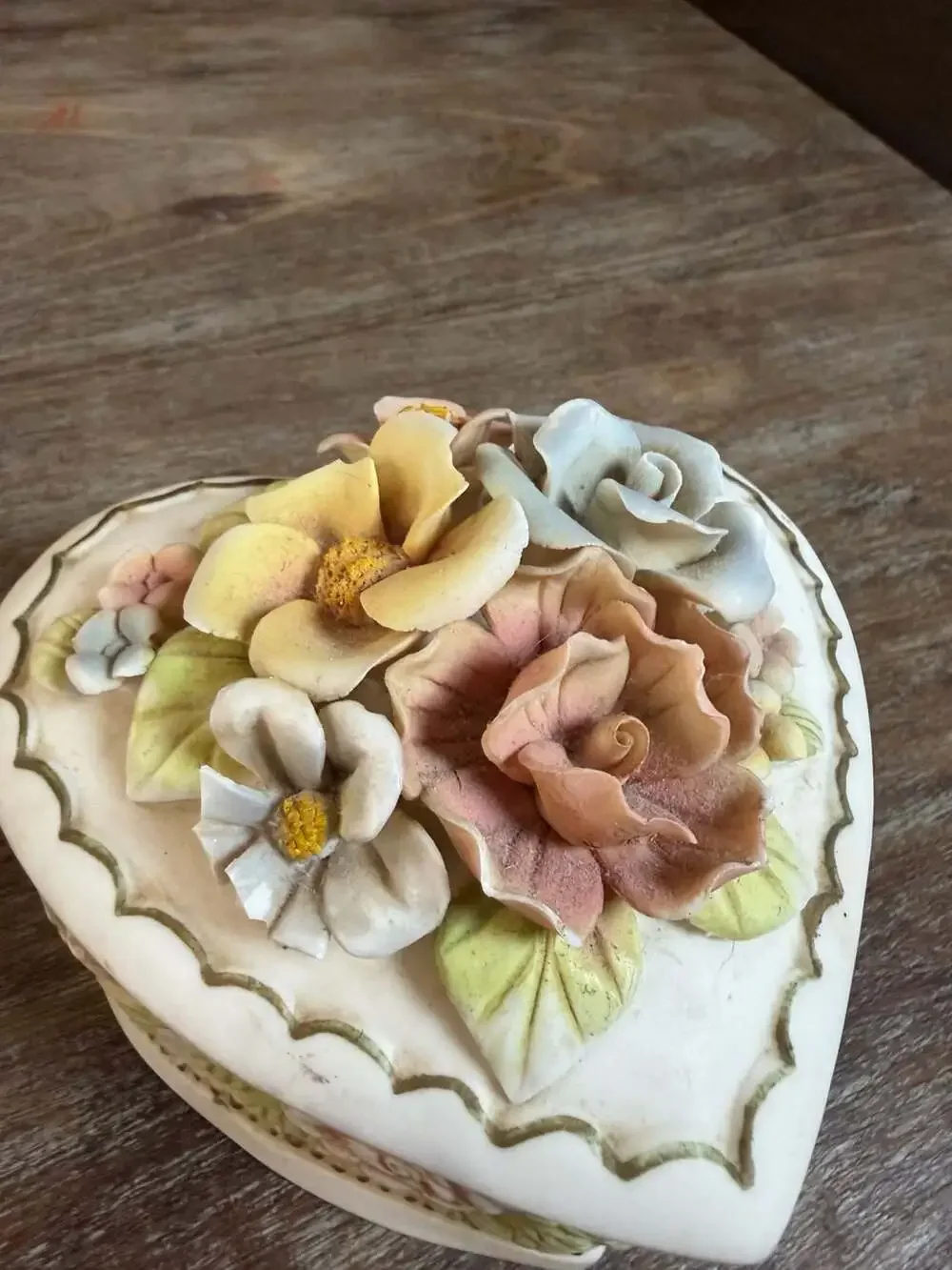Vintage Porcelain Heart-Shaped Trinket Box with Applied Floral Bouquet